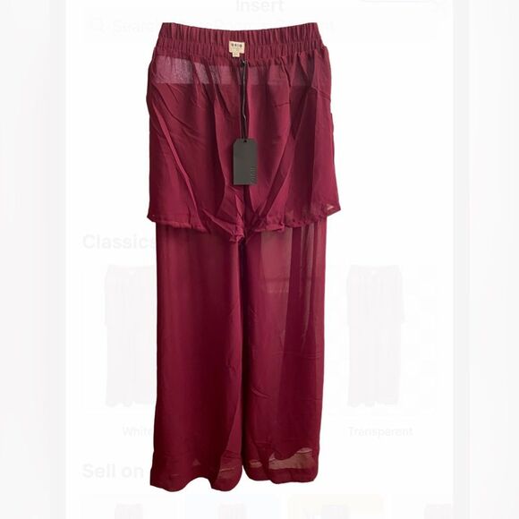 UNIQ Sheer Burgundy Pants with Built In Sheer Shorts Extra Wide Leg Elastic - Picture 5 of 6